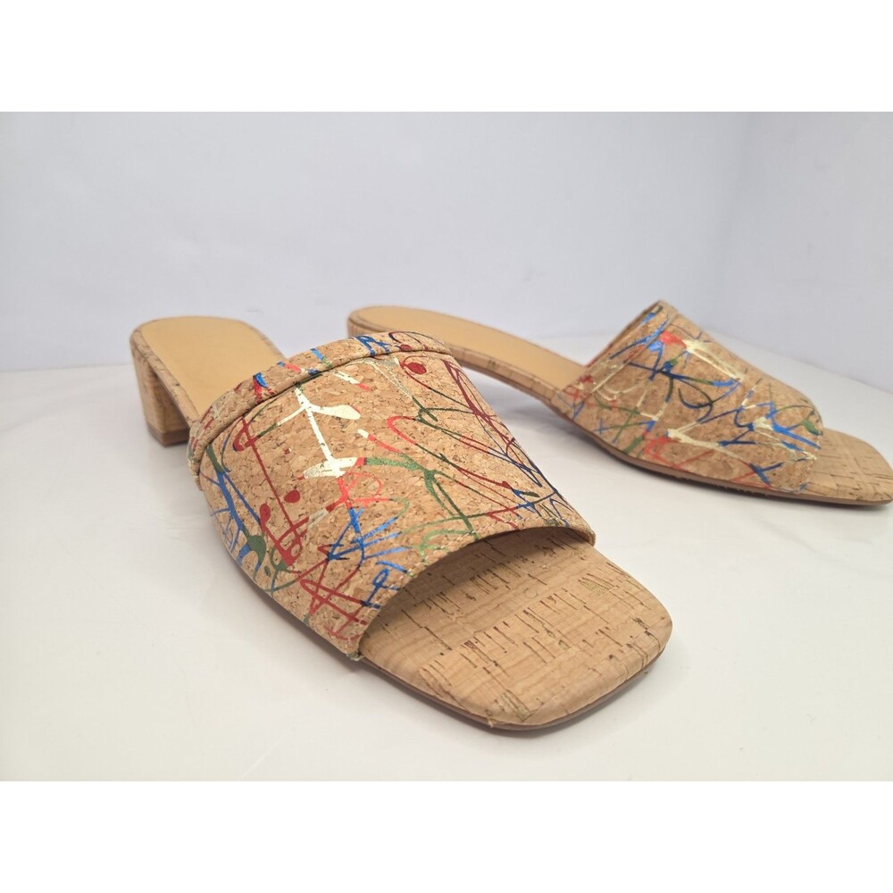 Chocolat Blu Cindy Cork Sandals Paint Splatter Graffiti Heeled Mules Sz 9 NWOB